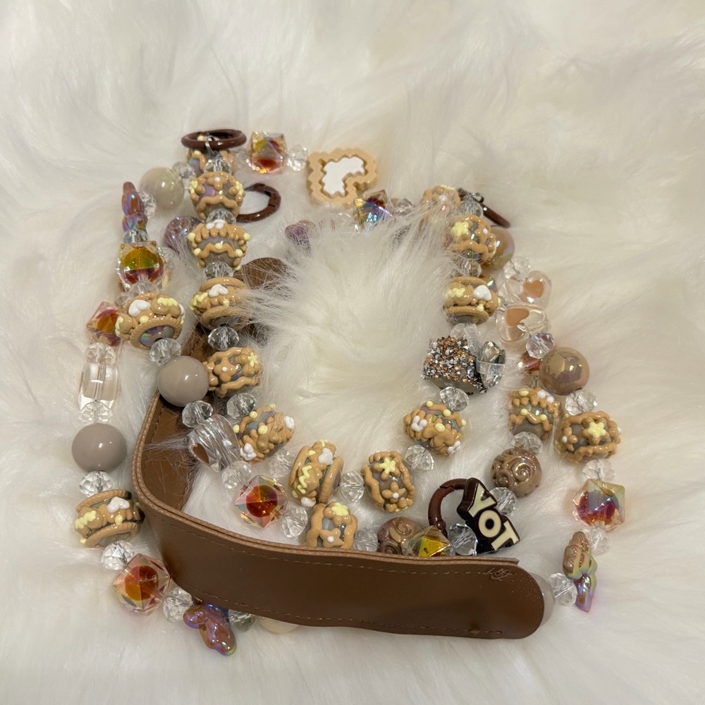 Handmade Beaded Phone Charm with Brown and Cream Accents